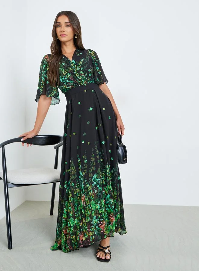 Styli  Women Green Floral Print A-Line Maxi Dress for Women | Best Price UAE